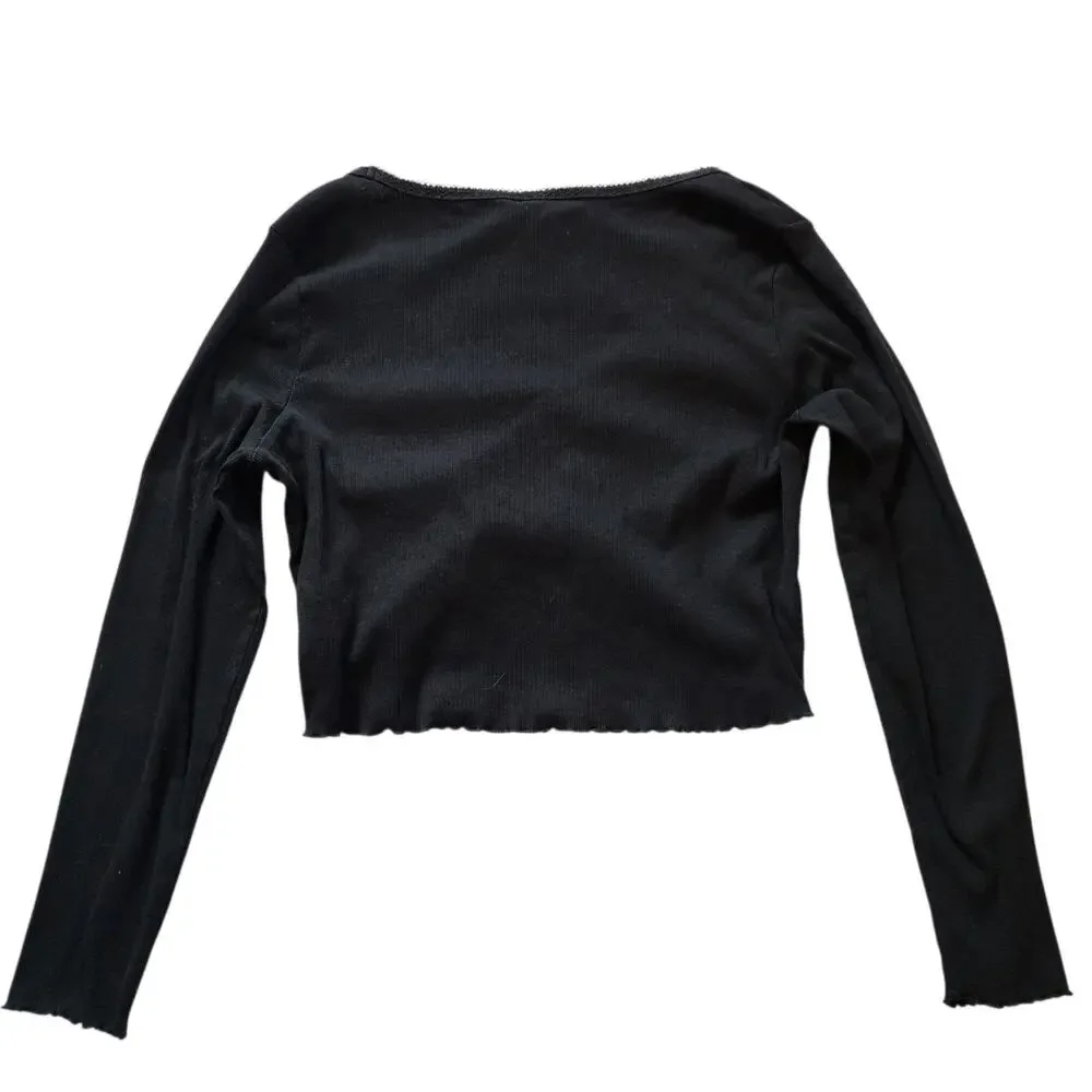 H&M Womens Long Sleeve Crop Top Size XL Black Ruched Drawstring Front Pullover
